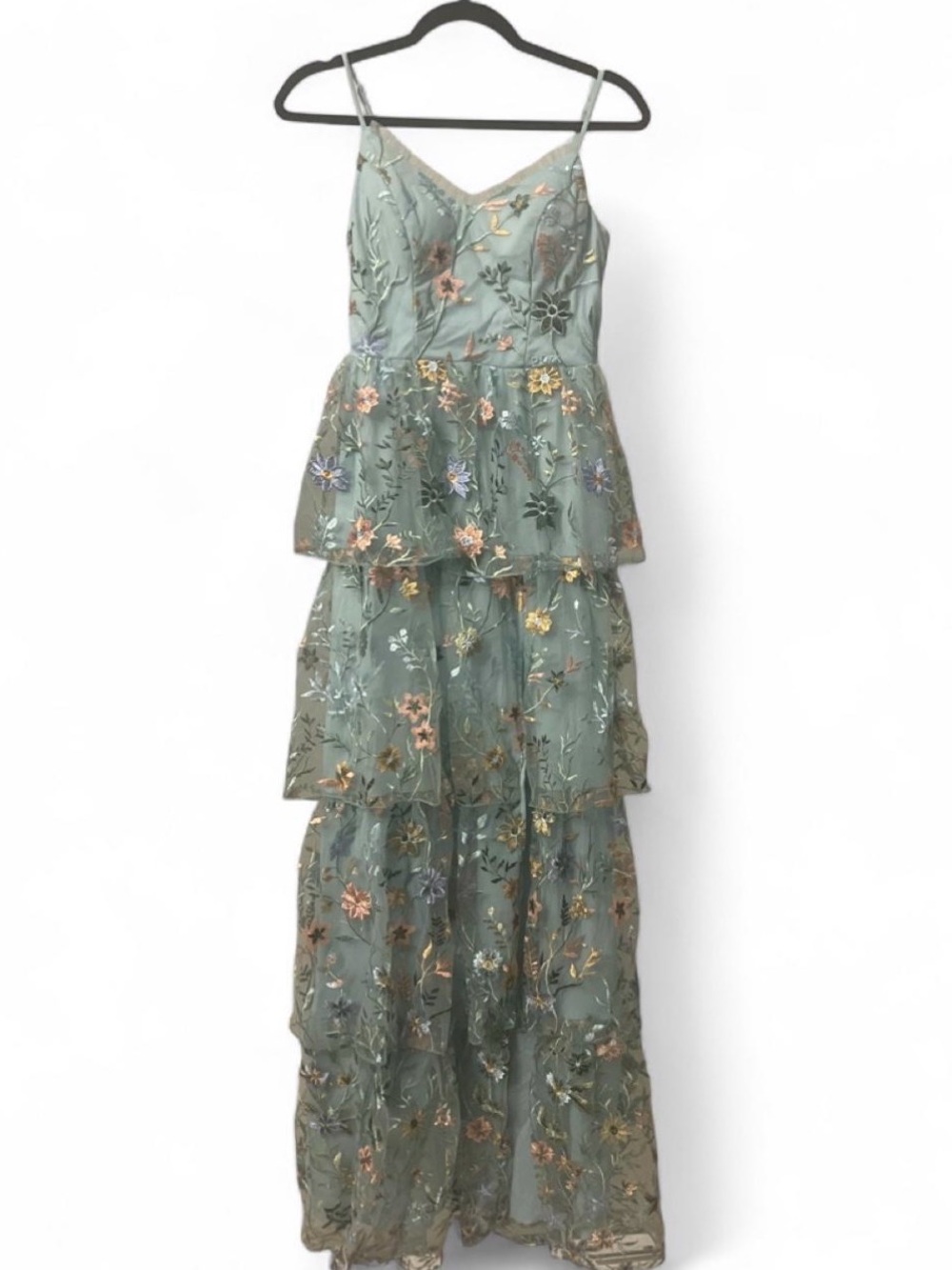 Tiered Sage Fairy Green Floral Embroidered Maxi Dress